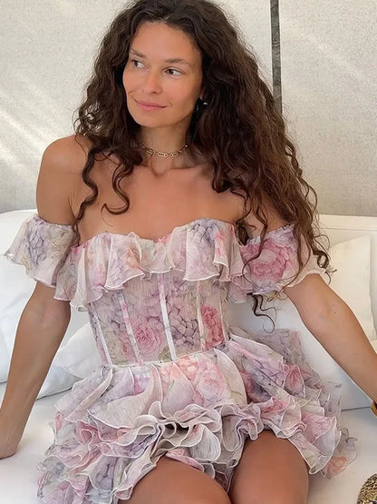 Pink Chiffon Off Shoulder Layered Floral Dress