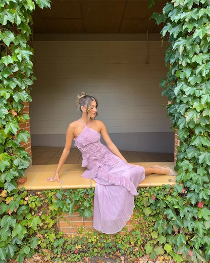 Purple Halter Pleated Prom Dress