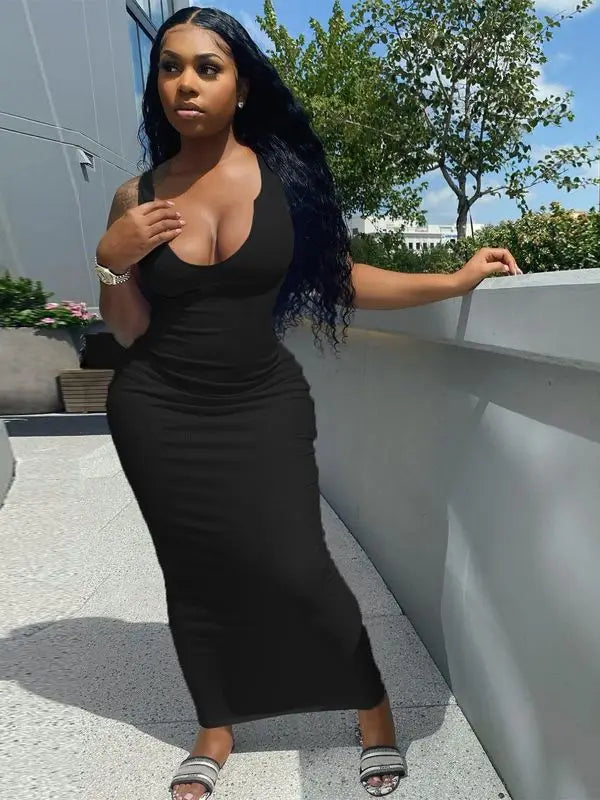 Ribbed Stripe Sleeveless V-neck Midi Dress