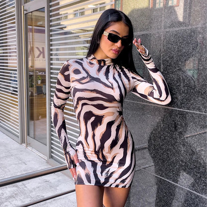 Zebra Print Long Sleeve Wrap Mini Dress