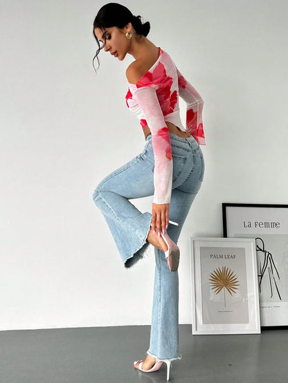 Oblique Tie-Dye Long Sleeve Sheer Top