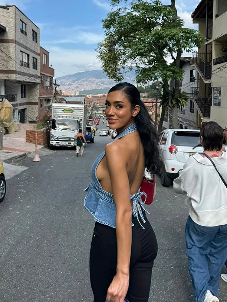 Denim Deep V-neck Backless Halter Lace-up Cami Top