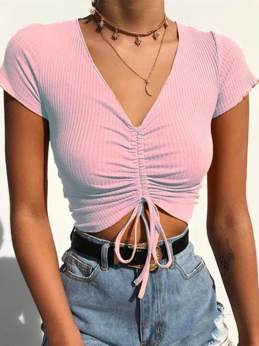 V-Neck Drawstring Ribbed Crop Top