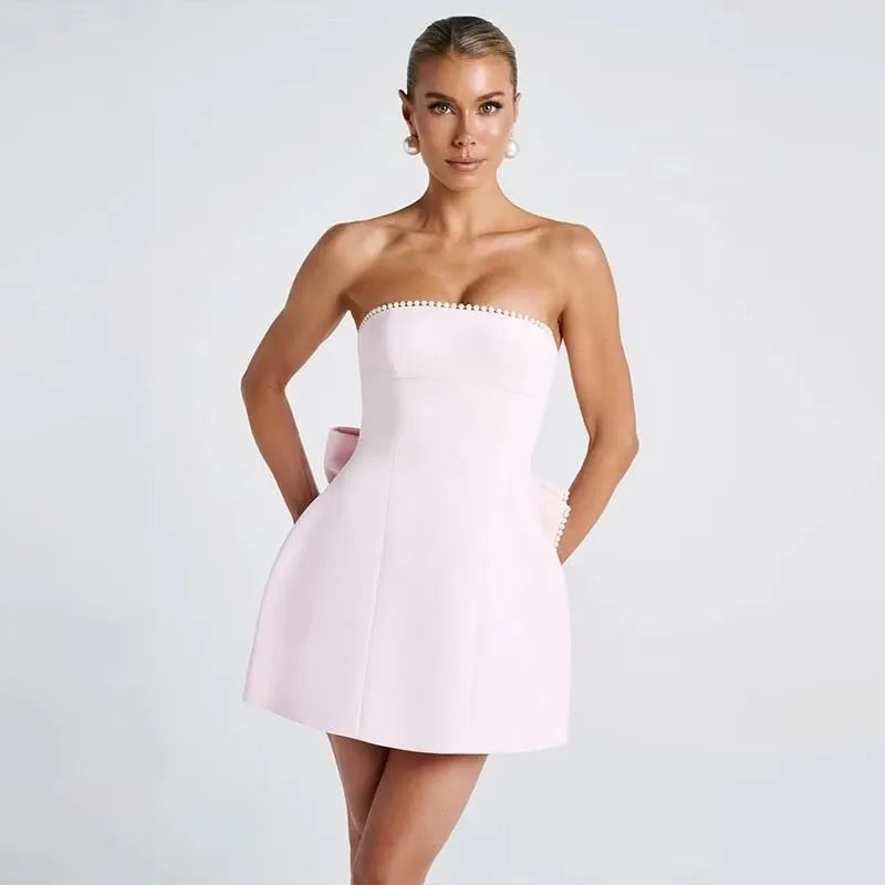 Pearl Bow Waist Wrap Backless Mini Dress
