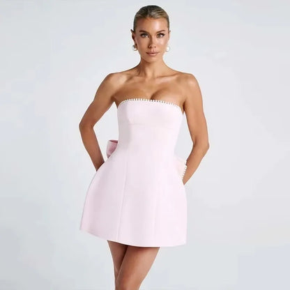 Pearl Bow Waist Wrap Backless Mini Dress
