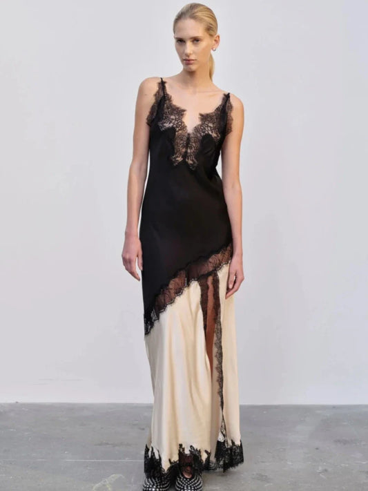 Sling V-Neck Colorblock Backless Long Lace Dress