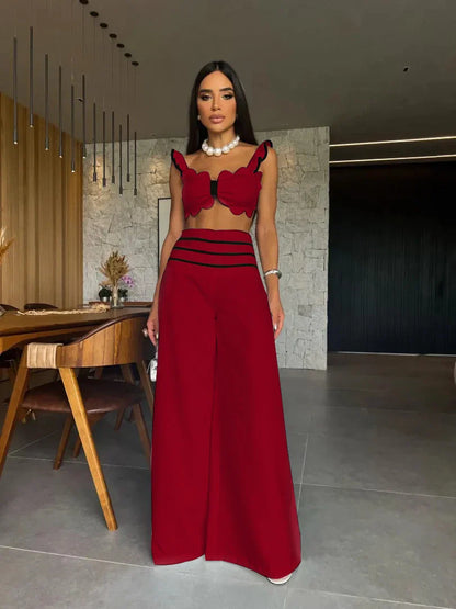 Deep V Square Collar Wide Leg Pants Set