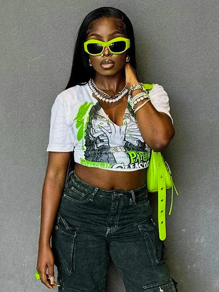 Graphic V Neck Midriff Crop Top