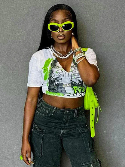 Graphic V Neck Midriff Crop Top