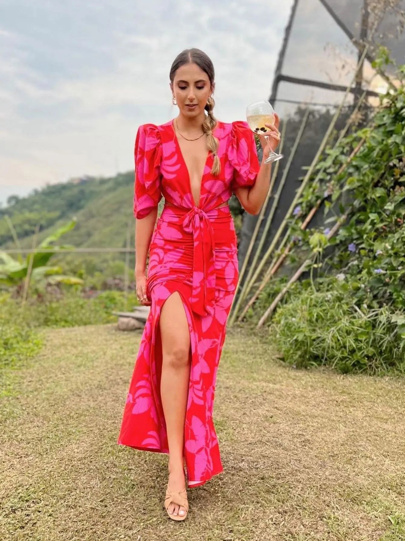 Elegant Print Cutout Puff Sleeve Bodycon Work Dress