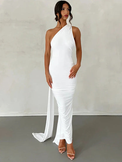 One Shoulder Scarf Ruched Maxi Dress