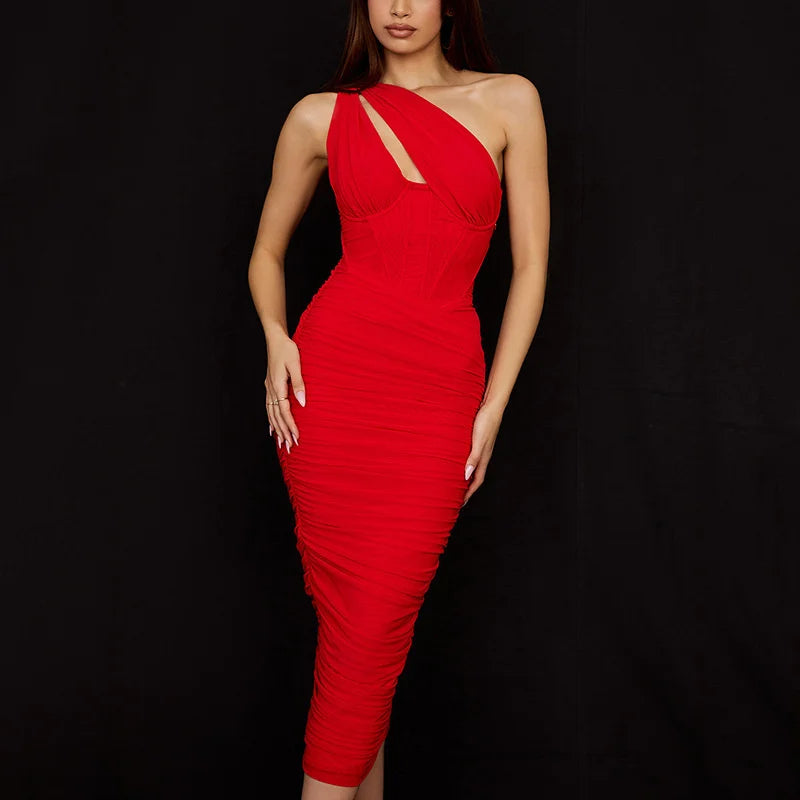 Mesh One Shoulder Backless Ruched Midi Dress