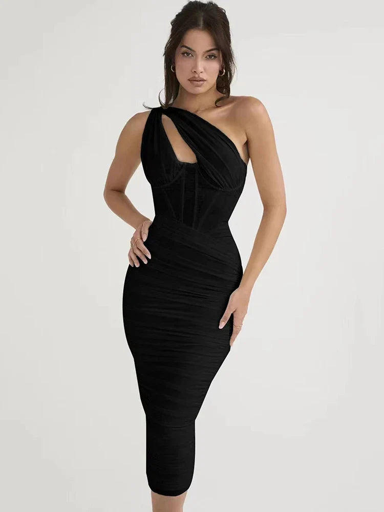 One Shoulder Ruched Midi Dress