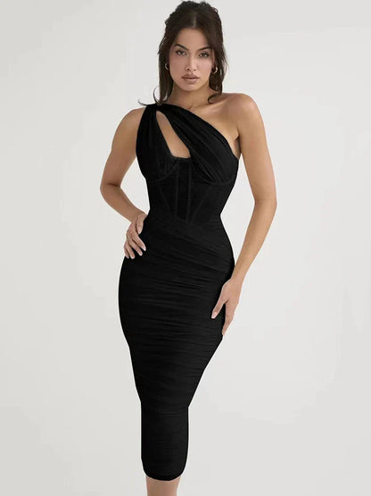 One Shoulder Ruched Midi Dress
