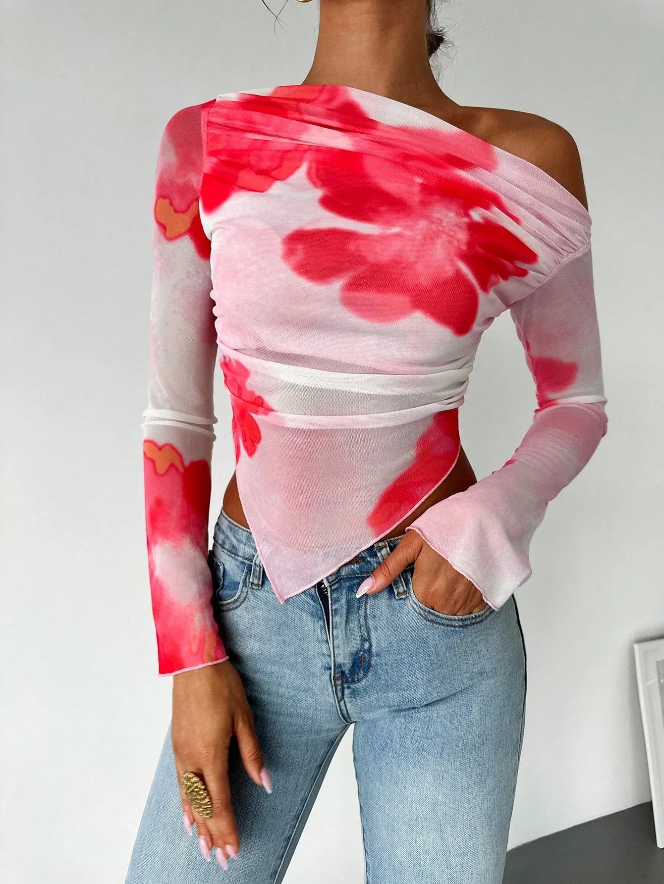 Oblique Tie-Dye Long Sleeve Sheer Top