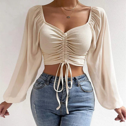 V-Neck Drawstring Bandage Sheer Top