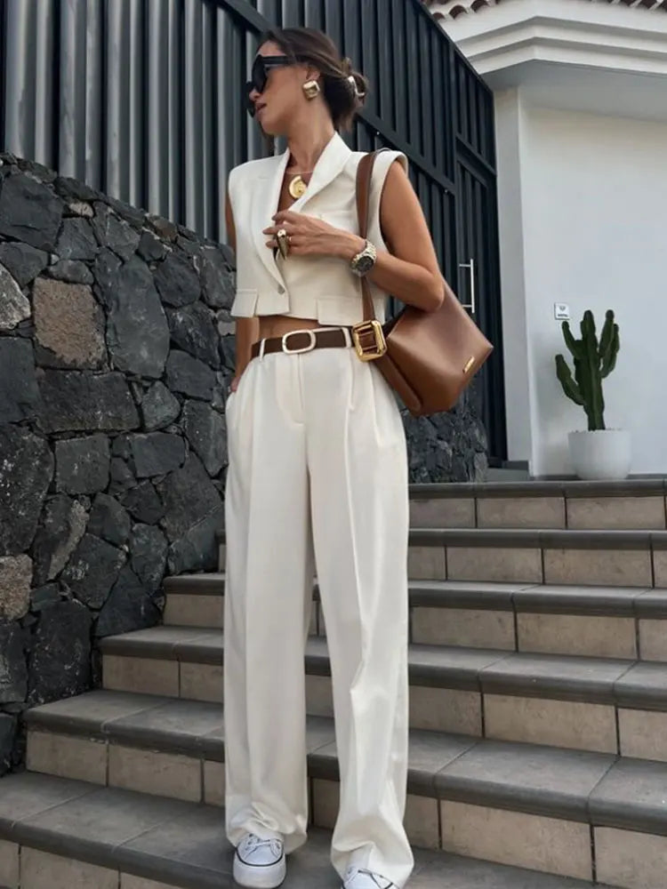Sleeveless Crop Wide Pant Suit