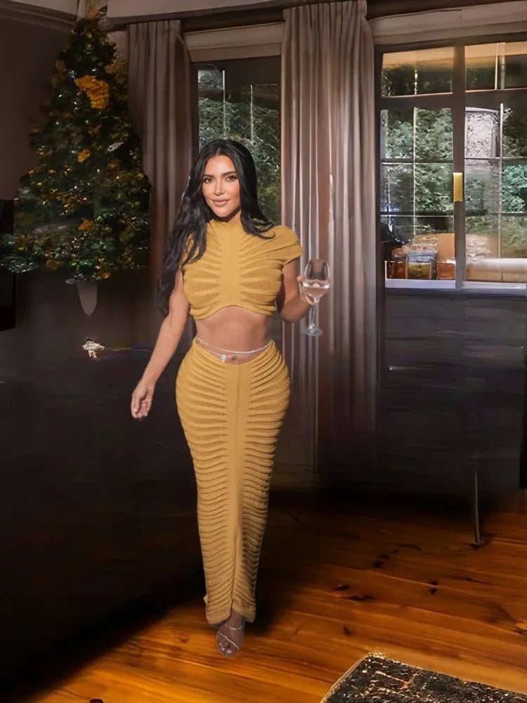 Knitted Crop Top Hollow Out Design Two Piece Shorts Set