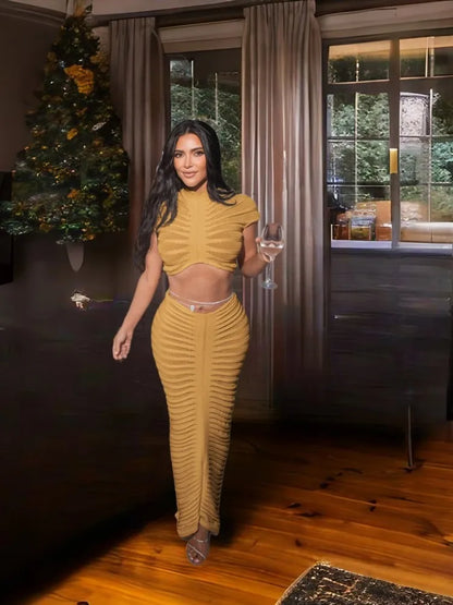 Knitted Crop Top Hollow Out Design Two Piece Shorts Set