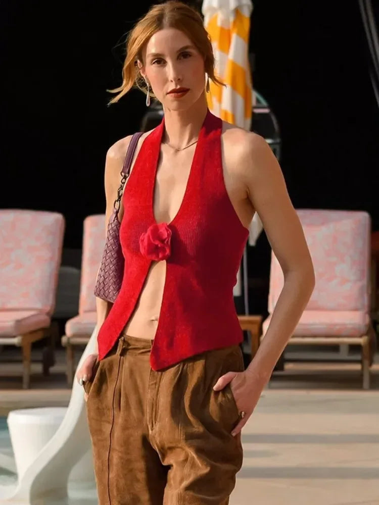 Floral Red Halter Backless Sheer Top