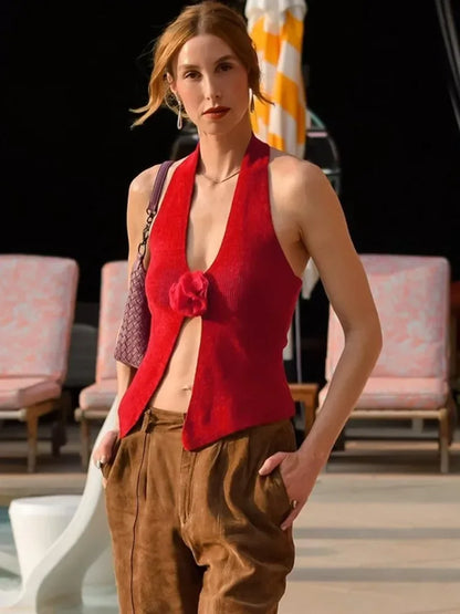 Floral Red Halter Backless Sheer Top