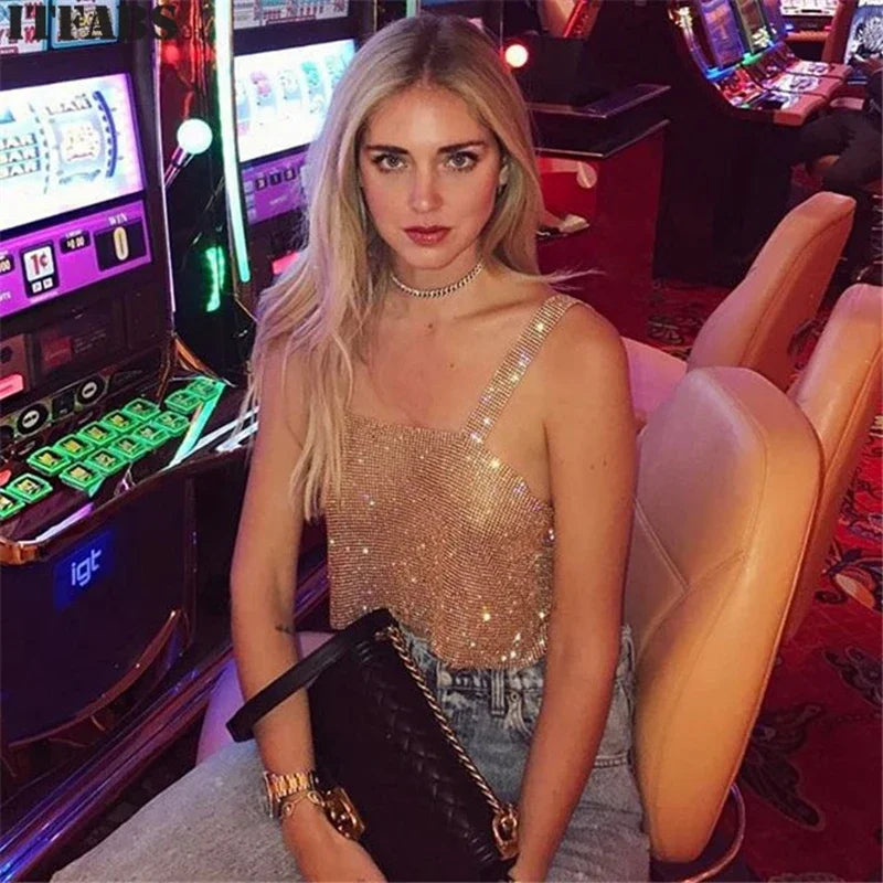 Crystal Silver Glitter Shiny Backless Cami Top