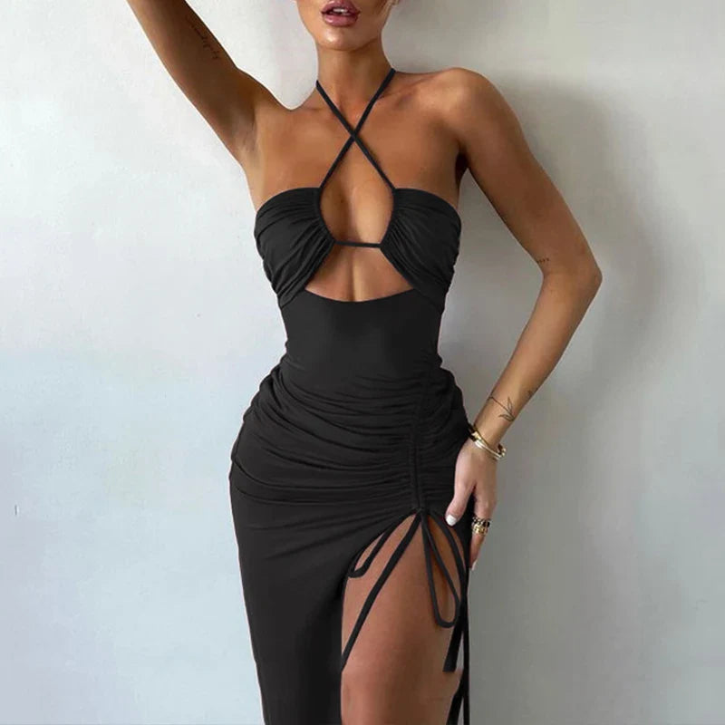 Black Hollow Lace-up Halter Maxi Dress