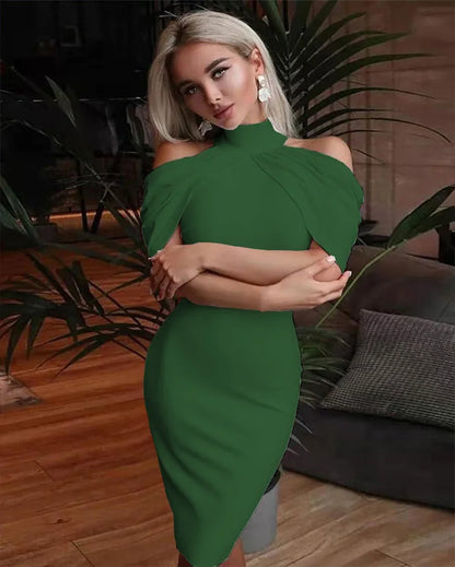 Solid Halter Off Shoulder Hip Package Bodycon Work Dress