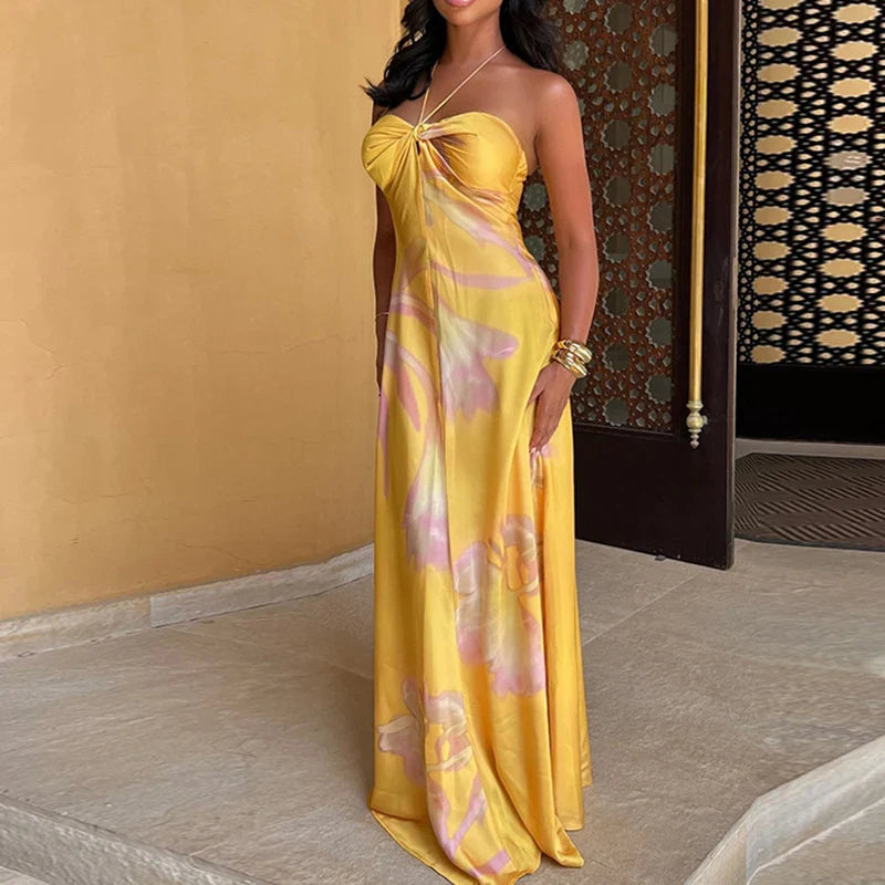 Halter Satin Hollow Slim Floral Dress