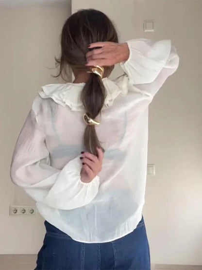 Women Ruffles Lace Up White V-neck Flared Blouse