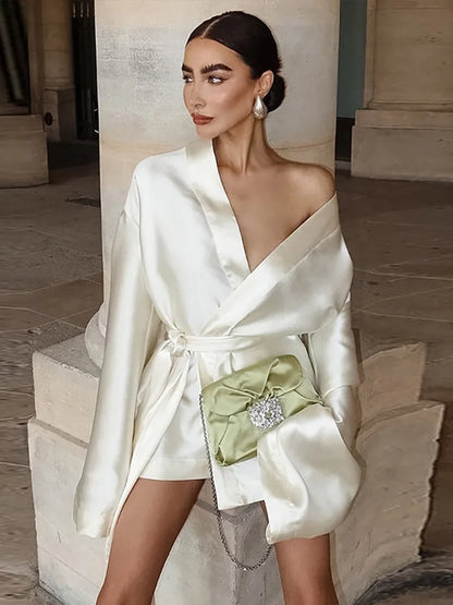 Lace Up Loose Beige Satin V-neck Silk Dress