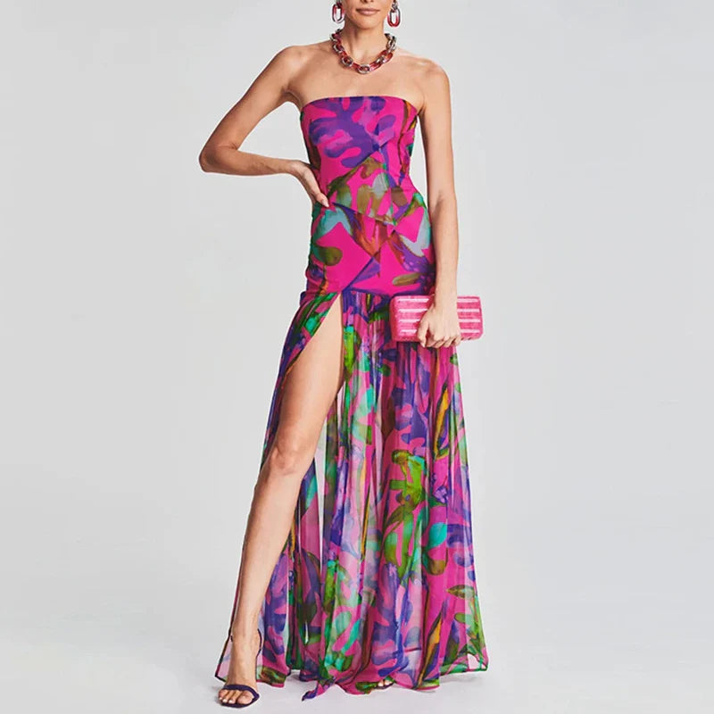 Printed Strapless Pleated Midi Dress