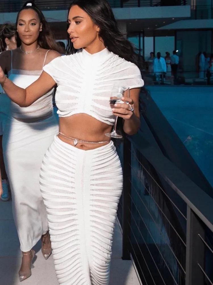 Knitted Crop Top Hollow Out Design Two Piece Shorts Set