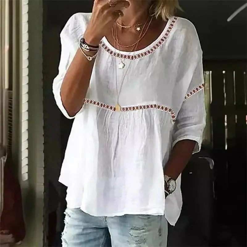 Hollow Out Splice Seven-quarter Sleeve Blouse