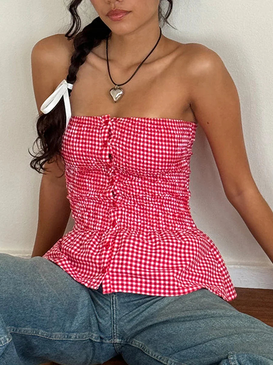 Red Gingham Ruffle Hem Strapless