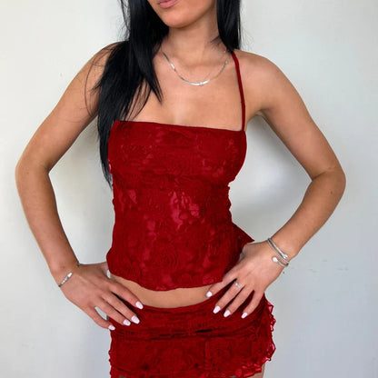 Lace Fairy Tie-Up Sleeveless Low Rise Mini Two Piece Skirt Set
