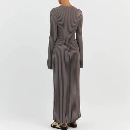 Ribbed Knit Crew Neck Maxi Dress