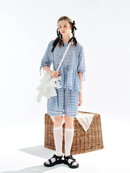 Plaid Lace-up Short Sleeve T-shirt Blouse