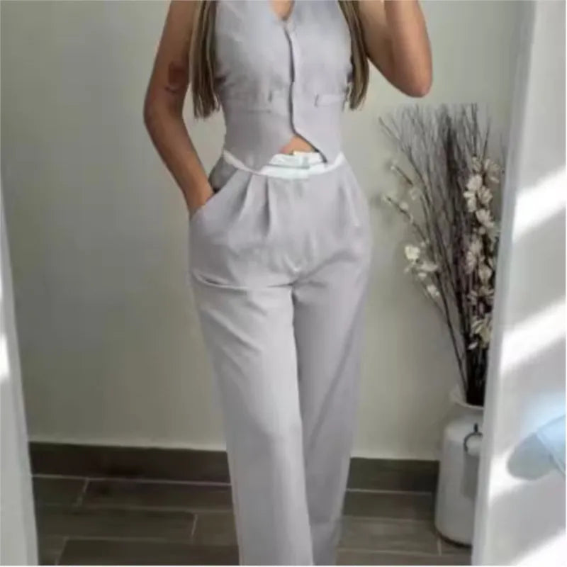 V-Neck Pocket Straight Pant Suit