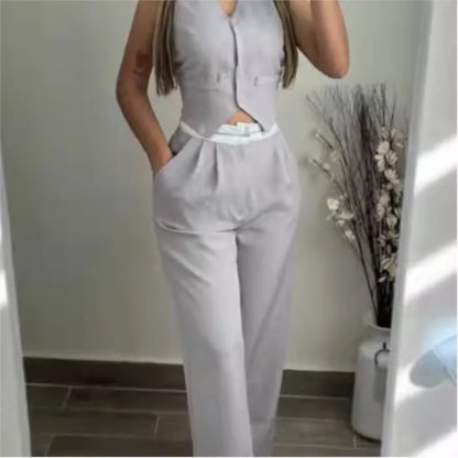 V-Neck Pocket Straight Pant Suit