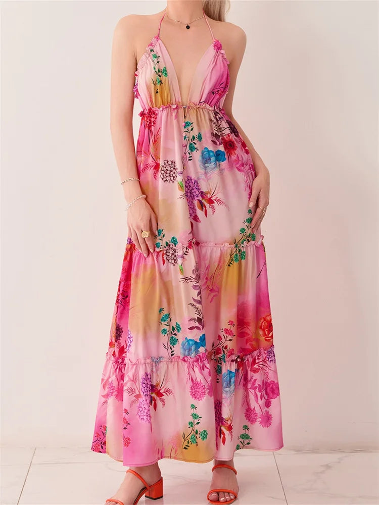 Retro Print Backless V-neck Midi Dress