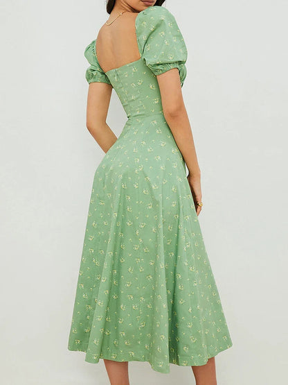 Puff Sleeve High Waist Swing Floral Dress