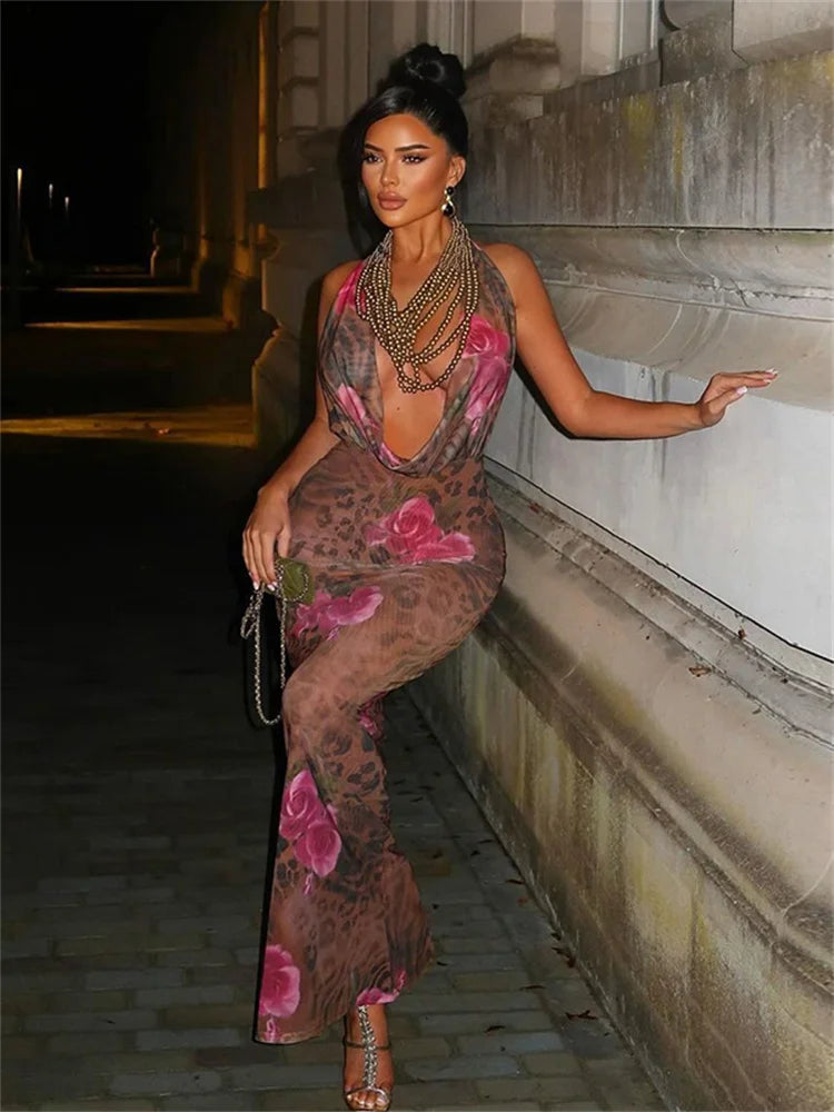 Vintage Halter Cleavage Backless Floral Dress