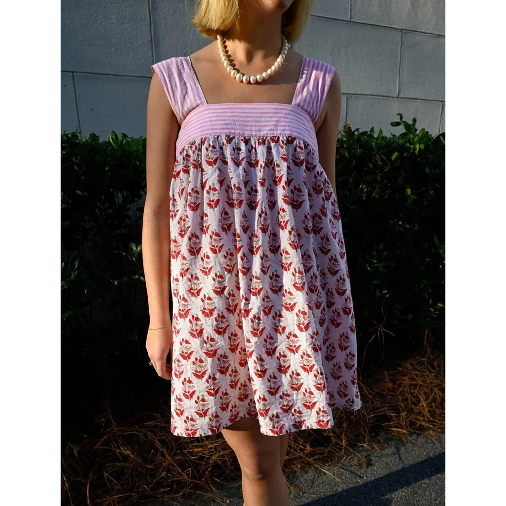 Square Neck Stripe Loose Floral Dress