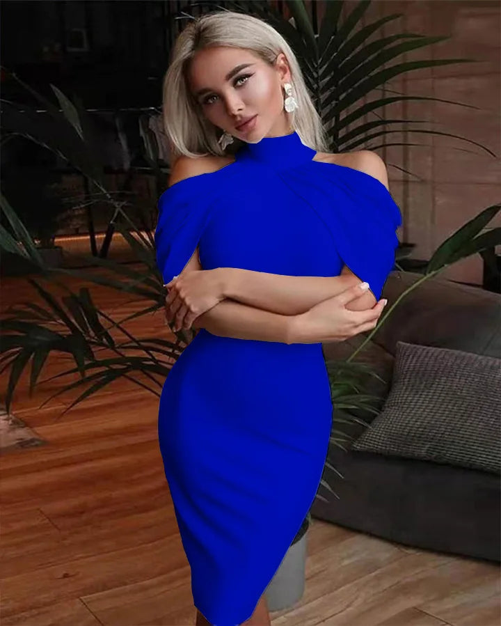 Solid Halter Off Shoulder Hip Package Bodycon Work Dress