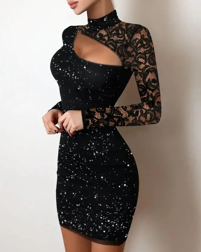 Glitter Contrast Cutout Long Sleeve Lace Dress