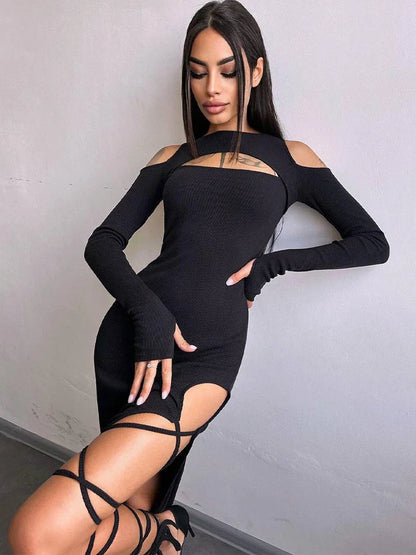 Hollow Lace Up Slit Sleeve Midi Dress
