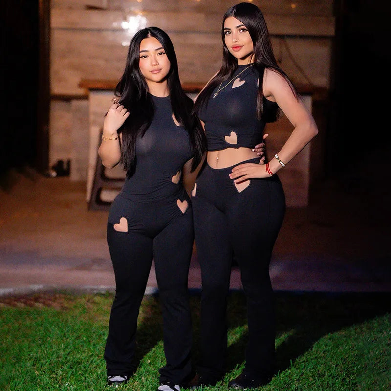 Heart Cutout Crop Tank Two Piece Pants Set