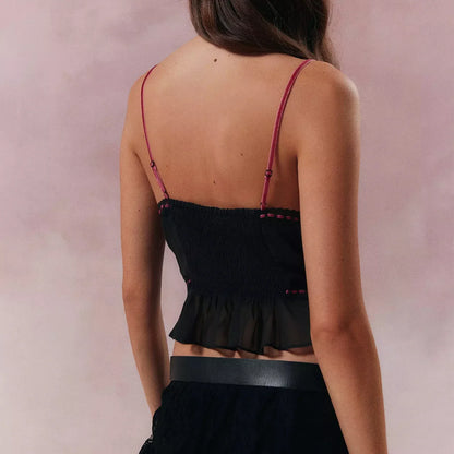 Sheer Mesh Lace Strap V Neck Cami Top