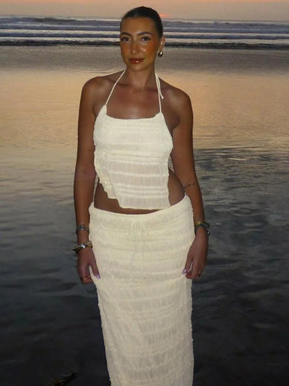 Chiffon Lace Halter Maxi Sexy Long Two Piece Skirt Set